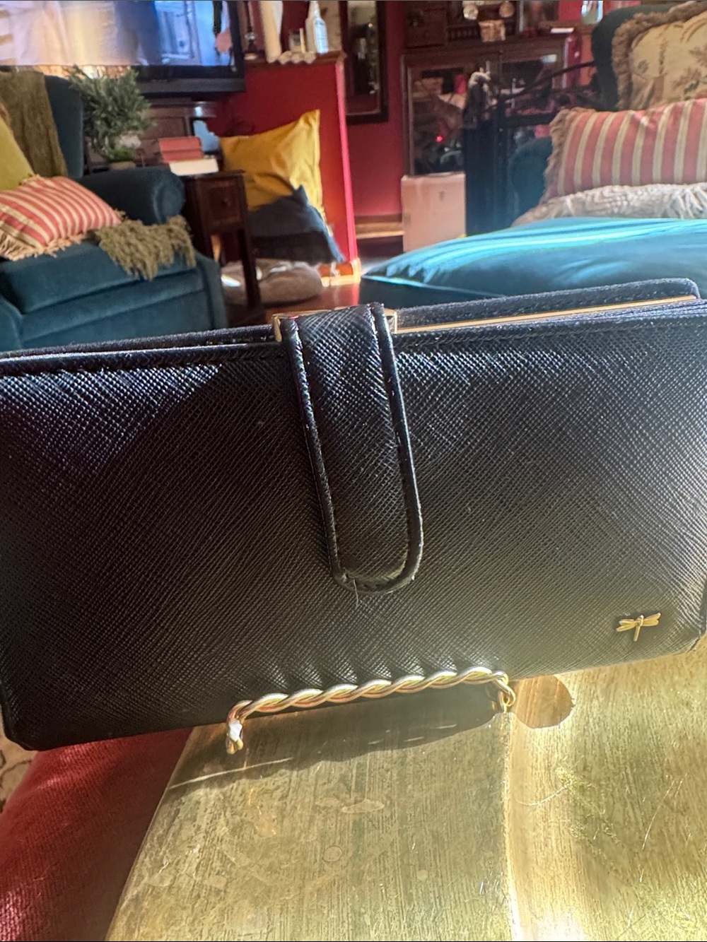 H&M Black Saffiano Wallet Clutch with Gold Dragonfly Detail